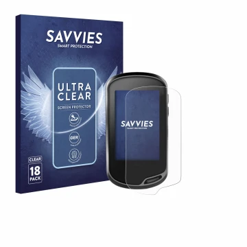 Front side of a product packaging with the brand logo Savvies. Next to it is the device Garmin Oregon 700 shown with the corre