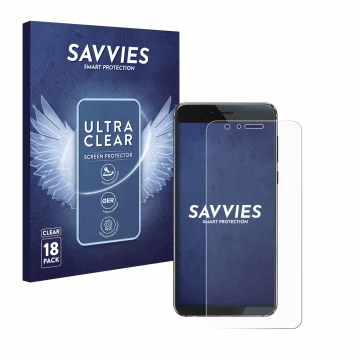 Front side of a product packaging with the brand logo Savvies. Next to it is the device Honor 8 shown with the corresponding s
