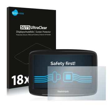 Front side of a product packaging with the brand logo Savvies. Next to it is the device TomTom Start 52 shown with the corresp