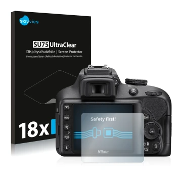 Front side of a product packaging with the brand logo Savvies. Next to it is the device Nikon D3400 shown with the correspondi