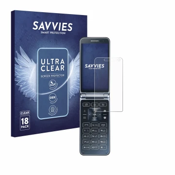 Front side of a product packaging with the brand logo Savvies. Next to it is the device Samsung Galaxy Folder 2 shown with the