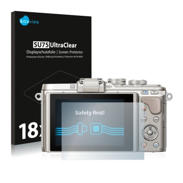 Front side of a product packaging with the brand logo Savvies. Next to it is the device Olympus PEN E-PL8 shown with the corre