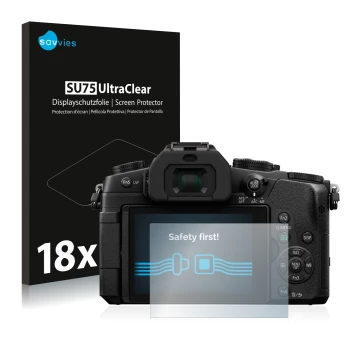 Front side of a product packaging with the brand logo Savvies. Next to it is the device Panasonic Lumix DMC-G81 shown with the