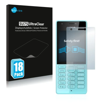 Front side of a product packaging with the brand logo Savvies. Next to it is the device Nokia 216 shown with the corresponding