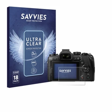 Front side of a product packaging with the brand logo Savvies. Next to it is the device Olympus OM-D E-M1 Mark II shown with t