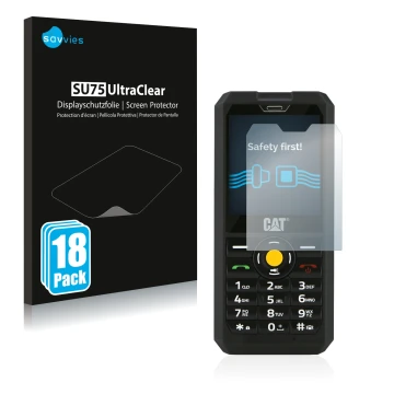 Front side of a product packaging with the brand logo Savvies. Next to it is the device Caterpillar Cat B30 shown with the cor