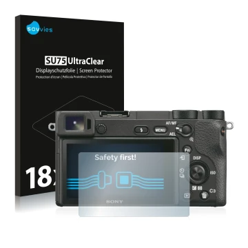 Front side of a product packaging with the brand logo Savvies. Next to it is the device Sony Alpha 6500 shown with the corresp