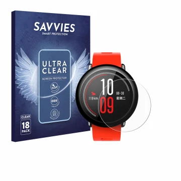 Front side of a product packaging with the brand logo Savvies. Next to it is the device Huami Amazfit Pace shown with the corr