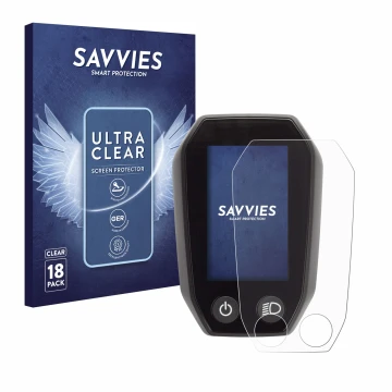 Front side of a product packaging with the brand logo Savvies. Next to it is the device Shimano Steps SC-E6010 shown with the 