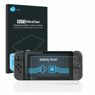 Front side of a product packaging with the brand logo Savvies. Next to it is the device Nintendo Switch shown with the corresp