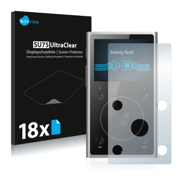 Front side of a product packaging with the brand logo Savvies. Next to it is the device FiiO X1 II shown with the correspondin