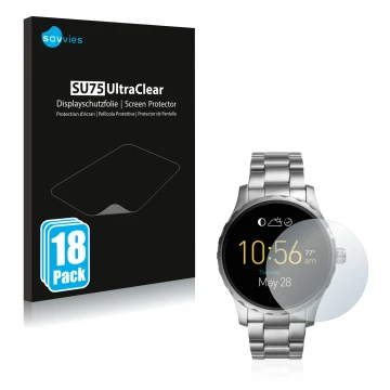 Front side of a product packaging with the brand logo Savvies. Next to it is the device Fossil Q Marshal (2.Gen) shown with th