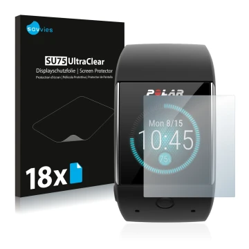 Front side of a product packaging with the brand logo Savvies. Next to it is the device Polar M600 shown with the correspondin