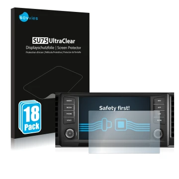 Front side of a product packaging with the brand logo Savvies. Next to it is the device Seat Ateca 2016 Media System Plus 8
