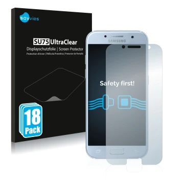 Front side of a product packaging with the brand logo Savvies. Next to it is the device Samsung Galaxy A5 2017 shown with the 