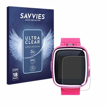 Front side of a product packaging with the brand logo Savvies. Next to it is the device Vtech Kidizoom Smart Watch 2 shown wit