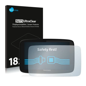 Front side of a product packaging with the brand logo Savvies. Next to it is the device TomTom GO 520 shown with the correspon