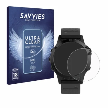 Front side of a product packaging with the brand logo Savvies. Next to it is the device Garmin Fenix 5 (47 mm) shown with the 