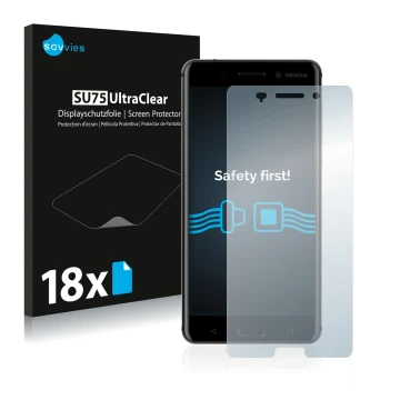 Front side of a product packaging with the brand logo Savvies. Next to it is the device Nokia 6 2017 shown with the correspond