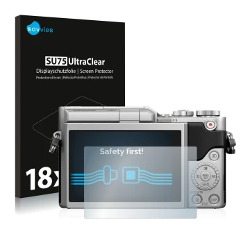 Front side of a product packaging with the brand logo Savvies. Next to it is the device Panasonic Lumix DC-GX800 shown with th