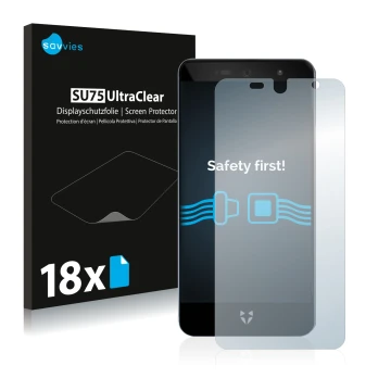 Front side of a product packaging with the brand logo Savvies. Next to it is the device Wileyfox Swift 2X shown with the corre