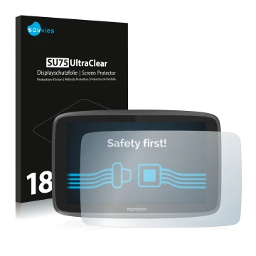 Front side of a product packaging with the brand logo Savvies. Next to it is the device TomTom Go 6200 shown with the correspo