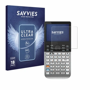 Front side of a product packaging with the brand logo Savvies. Next to it is the device HP Prime shown with the corresponding 