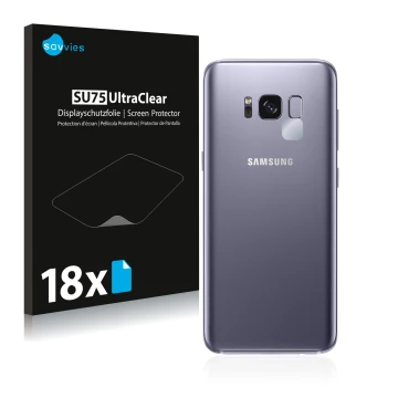 Front side of a product packaging with the brand logo Savvies. Next to it is the device Samsung Galaxy S8 (ONLY Camera Lens) s