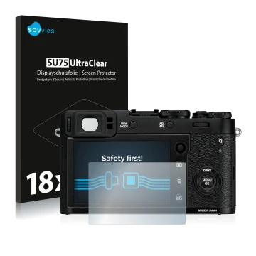 Front side of a product packaging with the brand logo Savvies. Next to it is the device Fujifilm X100F shown with the correspo