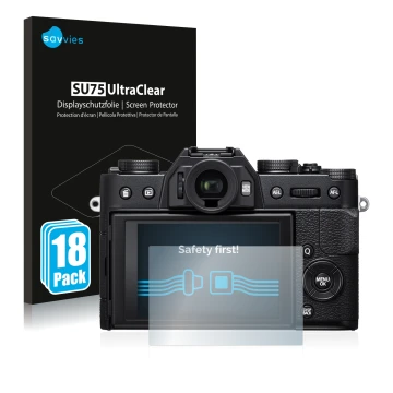 Front side of a product packaging with the brand logo Savvies. Next to it is the device Fujifilm X-T20 shown with the correspo