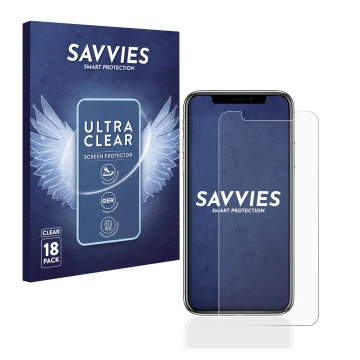 Front side of a product packaging with the brand logo Savvies. Next to it is the device Apple iPhone X shown with the correspo