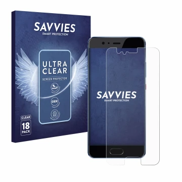 Front side of a product packaging with the brand logo Savvies. Next to it is the device Huawei P10 shown with the correspondin