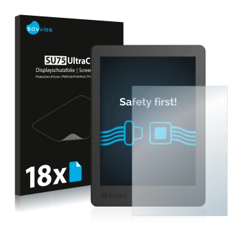 Front side of a product packaging with the brand logo Savvies. Next to it is the device Kobo Aura Edition 2 shown with the cor