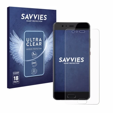Front side of a product packaging with the brand logo Savvies. Next to it is the device Huawei P10 Plus shown with the corresp