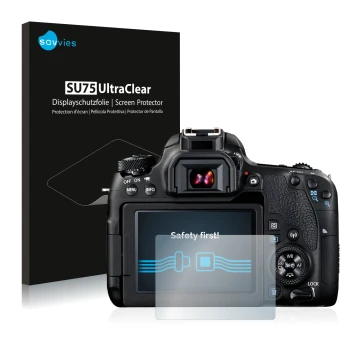 Front side of a product packaging with the brand logo Savvies. Next to it is the device Canon EOS 77D shown with the correspon