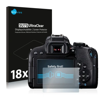 Front side of a product packaging with the brand logo Savvies. Next to it is the device Canon EOS 800D shown with the correspo