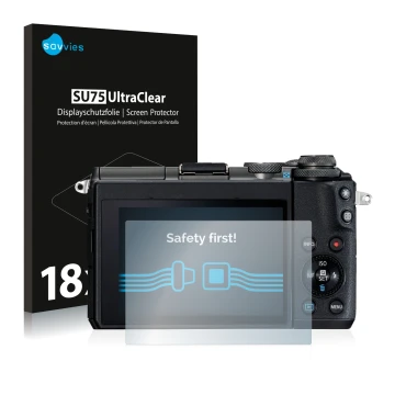 Front side of a product packaging with the brand logo Savvies. Next to it is the device Canon EOS M6 shown with the correspond