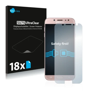 Front side of a product packaging with the brand logo Savvies. Next to it is the device Samsung Galaxy J7 2017 shown with the 