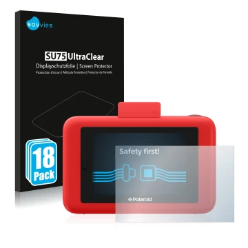 Front side of a product packaging with the brand logo Savvies. Next to it is the device Polaroid Snap Touch shown with the cor