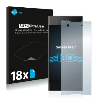 Front side of a product packaging with the brand logo Savvies. Next to it is the device Sony Xperia XA1 shown with the corresp