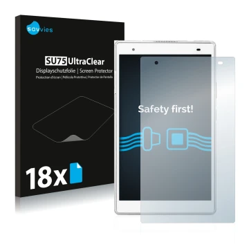 Front side of a product packaging with the brand logo Savvies. Next to it is the device Lenovo Tab 4 8 Plus shown with the cor