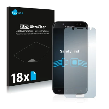 Front side of a product packaging with the brand logo Savvies. Next to it is the device Samsung Galaxy J5 2017 shown with the 