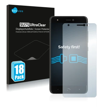 Front side of a product packaging with the brand logo Savvies. Next to it is the device BQ Aquaris X shown with the correspond