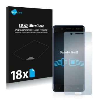 Front side of a product packaging with the brand logo Savvies. Next to it is the device Nokia 5 shown with the corresponding s