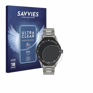 Front side of a product packaging with the brand logo Savvies. Next to it is the device TAG Heuer Connected Modular 45 shown w