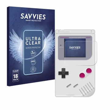 Front side of a product packaging with the brand logo Savvies. Next to it is the device Nintendo Gameboy (1989) shown with the