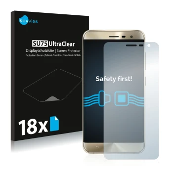 Front side of a product packaging with the brand logo Savvies. Next to it is the device ASUS ZenFone 3 ZE552KL shown with the 