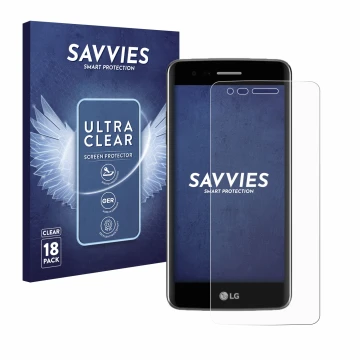 Front side of a product packaging with the brand logo Savvies. Next to it is the device LG K8 2017 shown with the correspondin