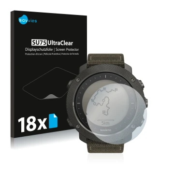 Front side of a product packaging with the brand logo Savvies. Next to it is the device Suunto Traverse Alpha shown with the c