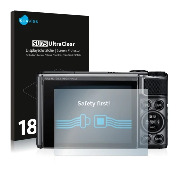 Front side of a product packaging with the brand logo Savvies. Next to it is the device Canon PowerShot SX730 HS shown with th